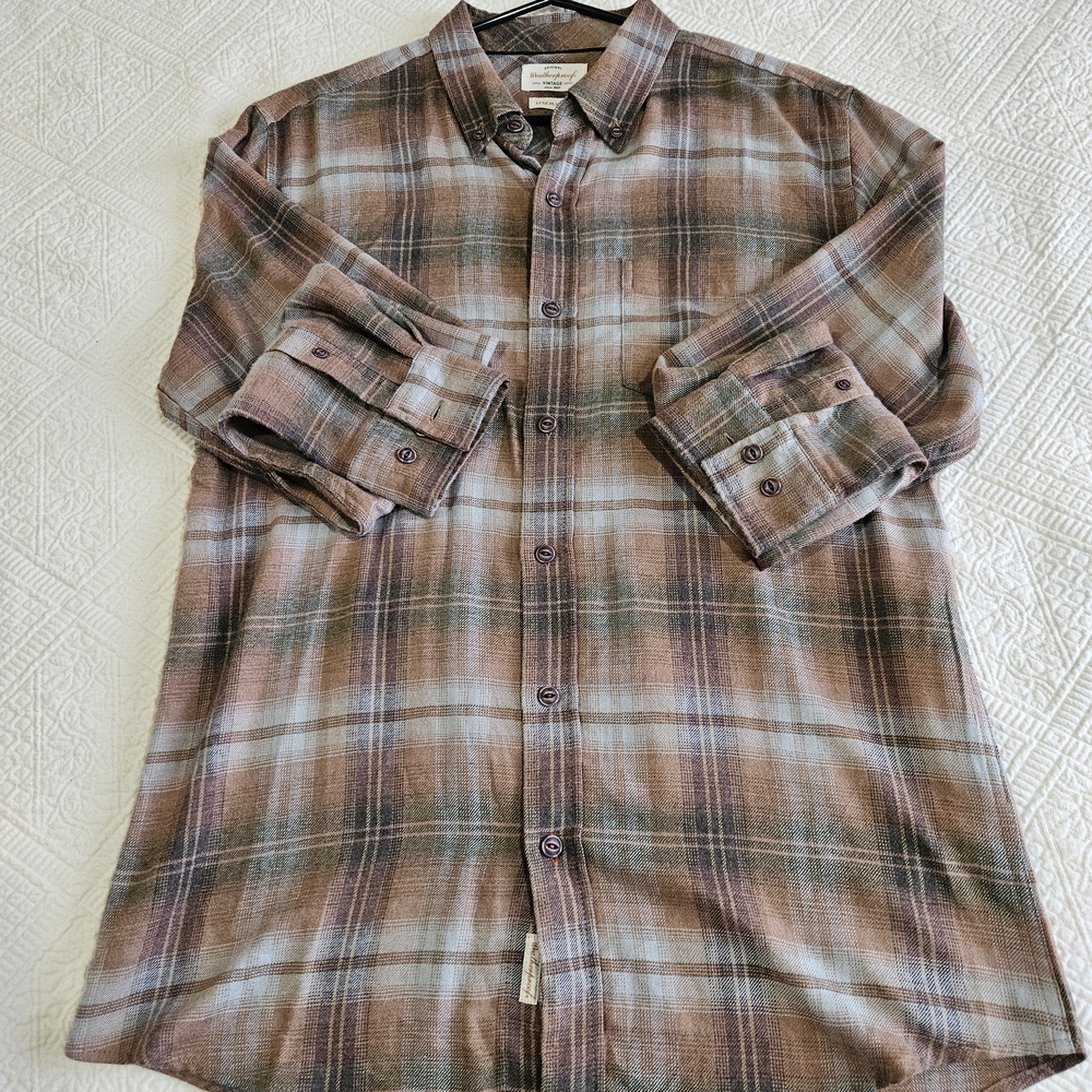 Weatherproof Vintage Shirt Mens Tan/Black Plaid Flannel Button Up Long Sleeve M